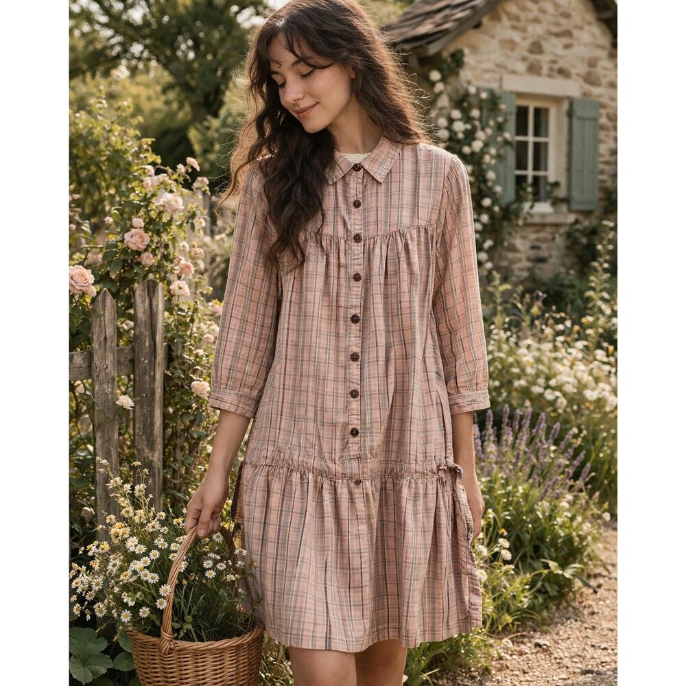 Trovata Pink Beige Plaid Button-Front Cotton Dress